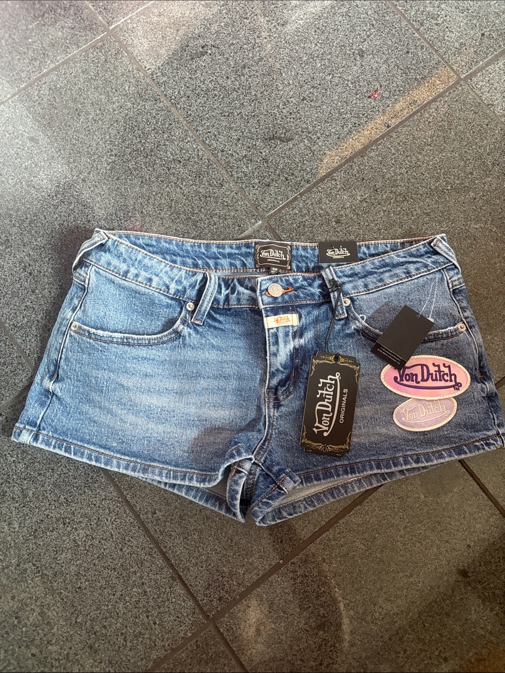 Von Dutch Light Blue Denim Jean Shorts with Pink Patch